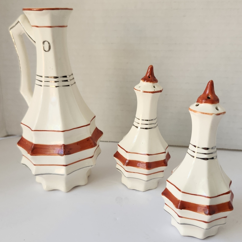 Vintage White Ceramic Cruet & Salt Pepper Set with Rust Red Trim
